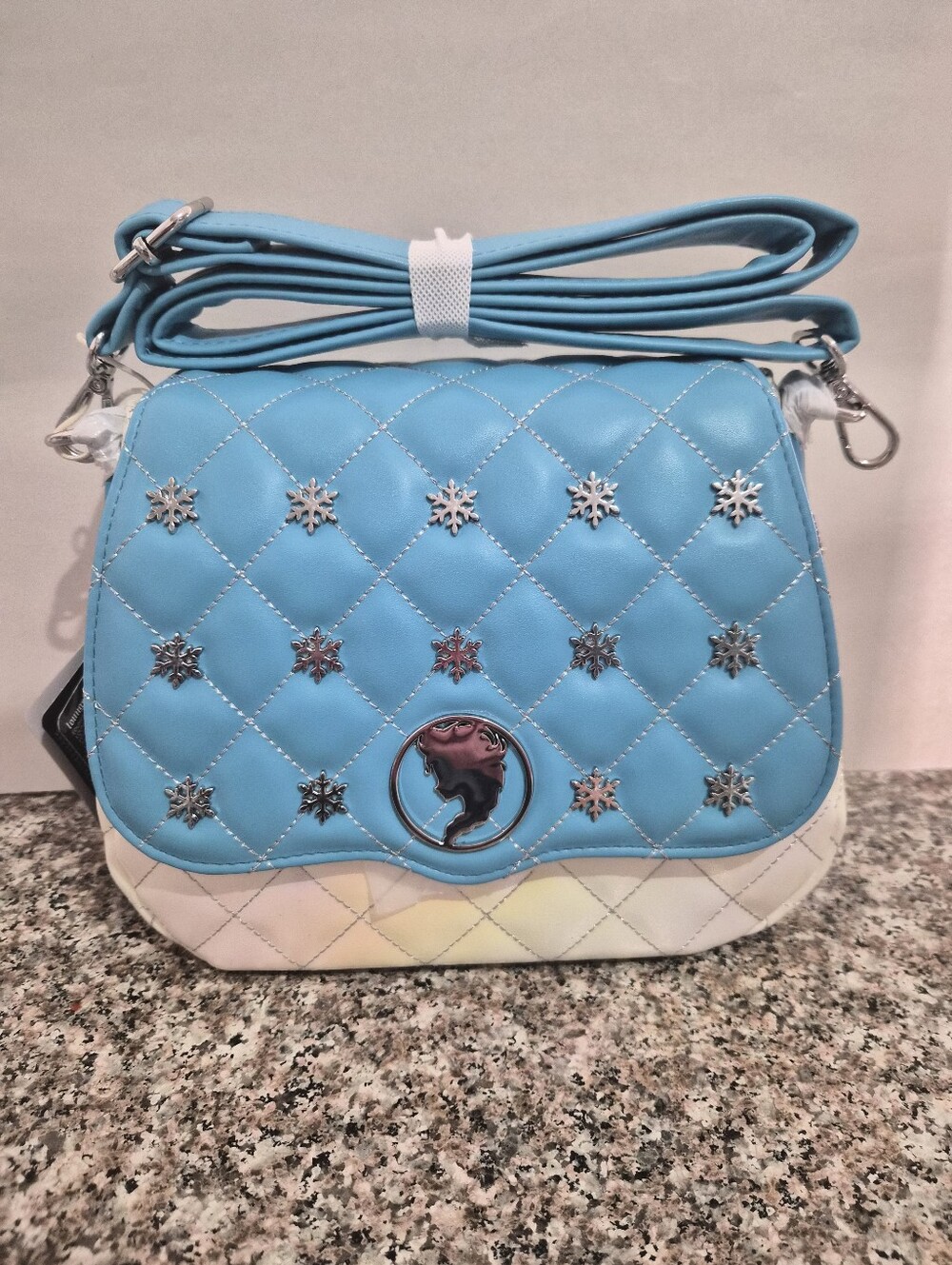 Loungefly Frozen Quilted Blue and White Crossbody Bag with Snowflake Accents